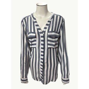 A.N.A. Striped Long Sleeve Rayon Blouse Size Large Breathable Lightweight Button